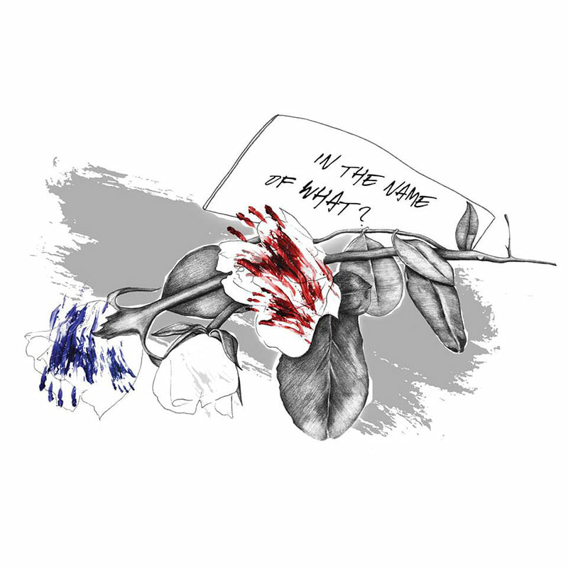 'In the name of what?' reportage illustration for the November 2015 shootings in Paris.