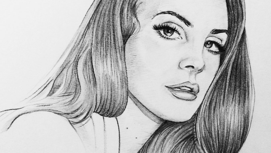 A realistic black-and-white portrait of American singer Lana del Rey.